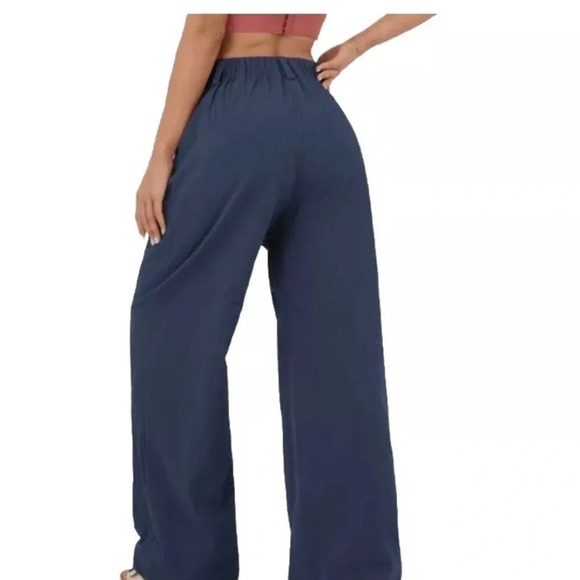 Halara NWT Women's M Dark Navy High Waisted Pockets Plicated Wide Leg Work Pants - Picture 7 of 9